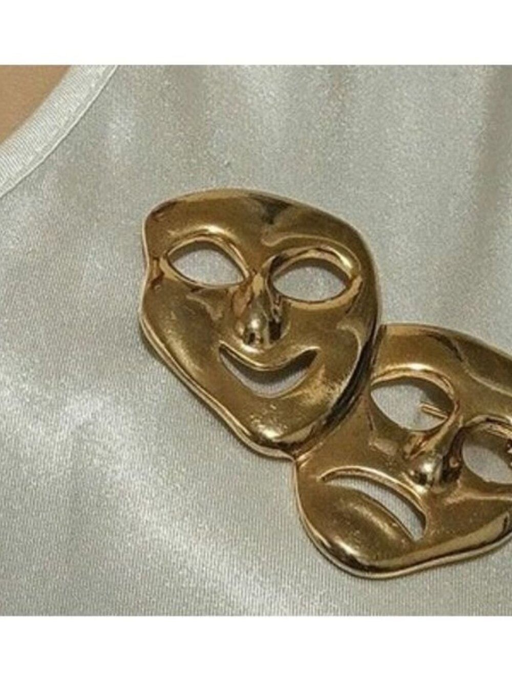 Vintage Gold Tone Drama Theatre Comedy Tragedy Happy Sad Face Mardi Gras Brooch